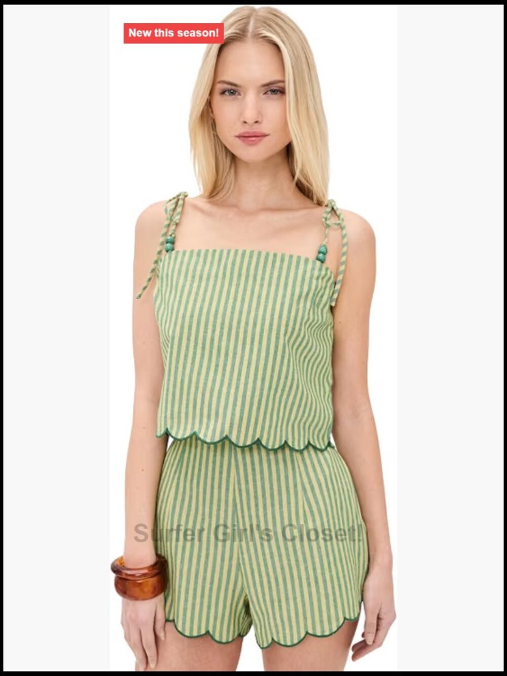 Linen Blend Tie Shoulder Square Neck Cami with Scallop Trim